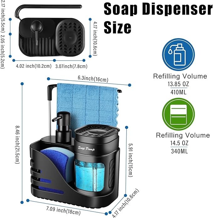 Kitchen Soap Dispenser Set, 4-in-1 Dual Hand and Dish Soap Dispenser with Sponge Holder and Dishcloth Holder for Kitchen Sink (Black)