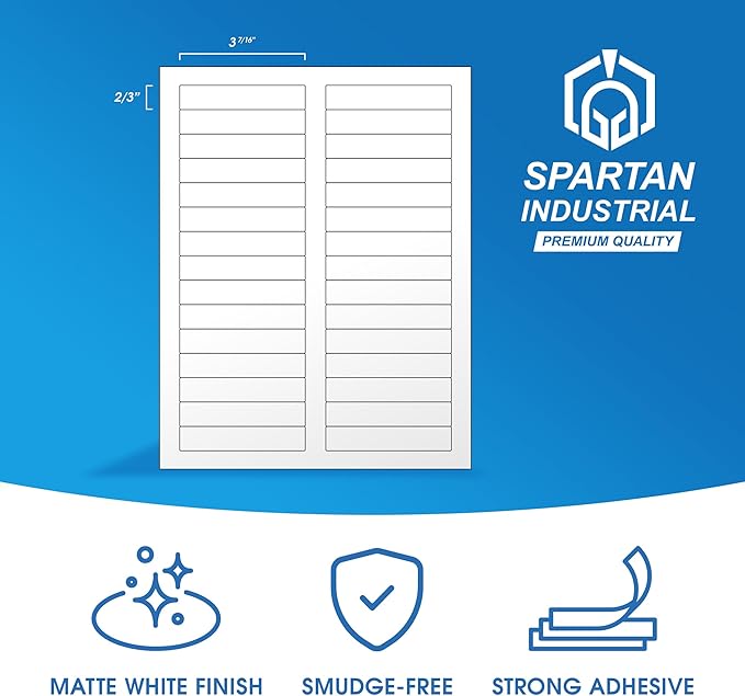3 7/16" X 2/3" Matte White Printable Labels for Inkjet and Laser Printers - 250 Sheets, 7500 Custom Stickers, File Folder Labels, Return Address Stickers, Price Tags - Spartan Industrial Template R012