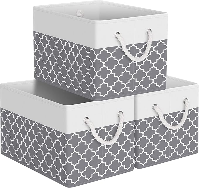 Storage Bin,Collapsible Storage Basket For Organizing,Large Storage Boxes With Rope Handles,Storage Containers,Clover Grey,3 Pack