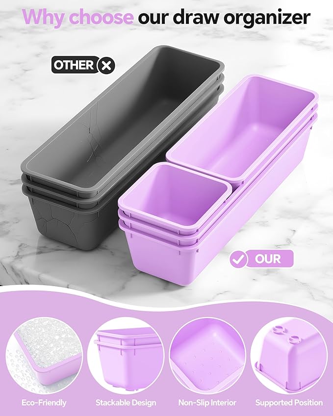 13 Pack Plastic Drawer Organizers Set, 3 Sizes Desk Drawer Organizer Trays for Vanity and Makeup Organizer, Organization and Storage for Makeup, Kitchen Utensils, Bathroom and Office(Purple)