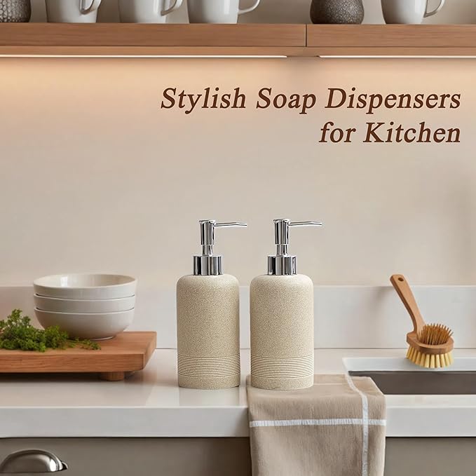 2pcs/Set Hand Soap Dispenser Sets - 10.8oz Refillable Resin Liquid Soap Dispensers with Rust-Proof Pump for Bathroom Countertop or Kitchen, Beige