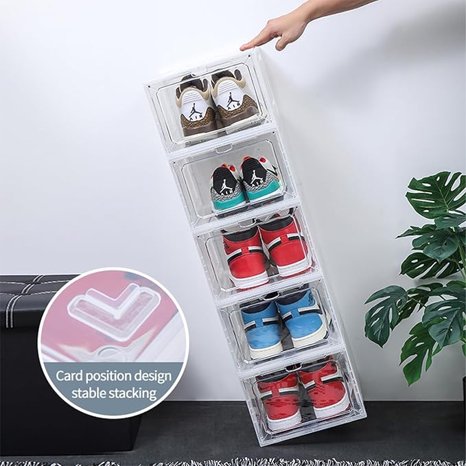 Large Shoe Organizer Stackable with Magnetic Door DVD/CD Storage 4pcs, Clear Shoe Boxes for Closet, Foldable Space-saving Shoe Rack