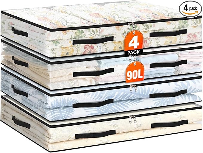 4 Pack Under Bed Storage Bags, 90L Foldable Clear Storage Containers with Handles, Dual Zippers for Comforter, Clothes, Bedding, Linen Sheets, Sweaters, Blanket Storage