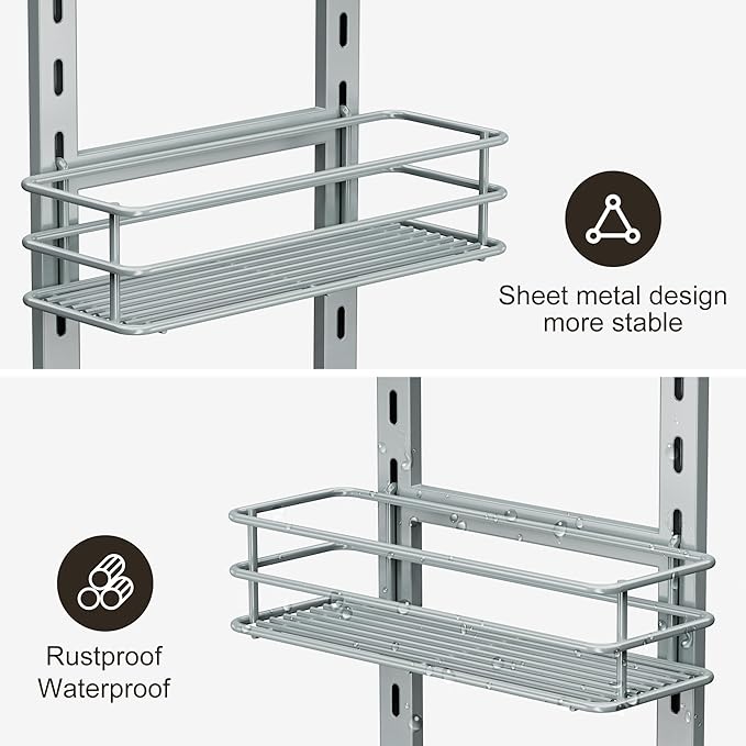 Orimade Adjustable Anti-slip Shower Caddy over Shower Head, Rustproof Bathroom Hanging Organizer with 2 Hooks for Razor, No Drilling Shelves Storage Rack 2 Tier, Light Grey