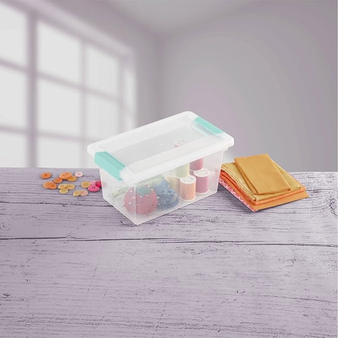 Sterilite Medium Clip Box Stackable Storage Bin with Latching Lid for Home, Office, School, Organize Paper, Notebooks, Crafts, Clear Lid, Base, 1-Pack