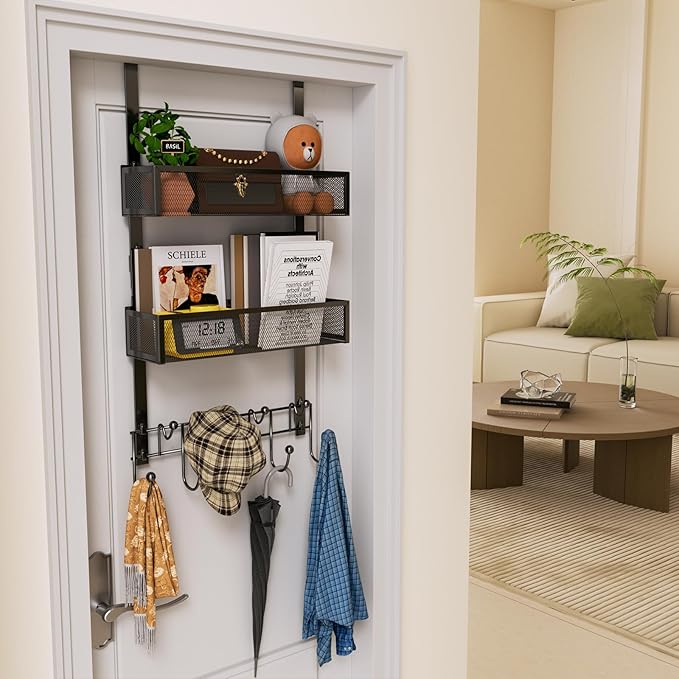 HapiRm Over The Door Hanger with Coat Hooks and 2 Baskets, Rustproof & Waterproof Over The Door Hooks, Storage Organizer for Hats, Bathroom, Kitchen, Bedroom-Black (for 1.76in Doors)