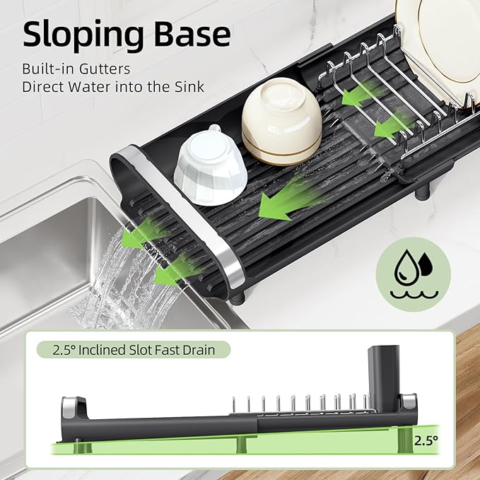 Small Dish Drying Rack, Mini Expandable Compact Dish Rack, Slim Extendable Stainless Steel Dish Drainer for Kitchen Plate Storage, Space Saving Dish Strainer in Sink or on Home Countertop, Matte Black