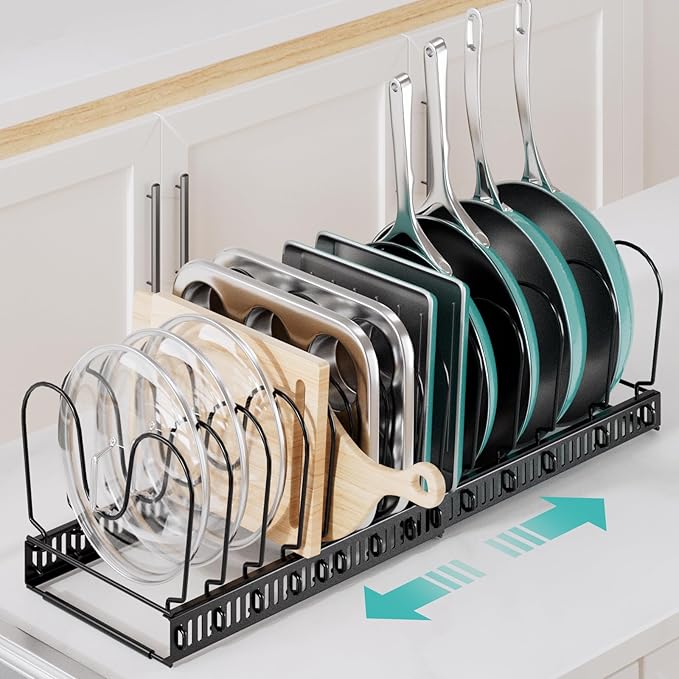 ORDORA Pots and Pans Organizer under Cabinet with Pot Lid Organizer, Expandable Rack for Pan and Pot Organizers Inside Cabinet, 11.8"-22.8" Adjustable with 14 Dividers for Kitchen Organization, Black