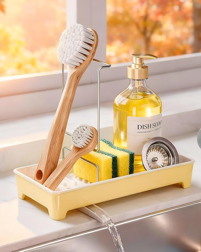 Minimalist Sink Caddy, Rustproof Sponge Holder for Kitchen Sink with 304 Stainless-Steel Brush Holder, Countertop Rack Organizer with Raised Ridges & Silicone Drain Tube (Pastel Yellow)