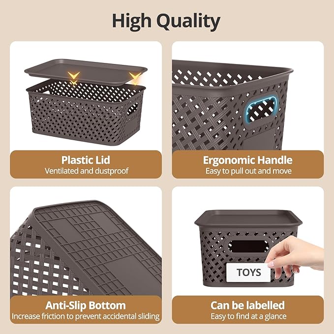 Plastic Storage Bins with Lid, Stackable Small Box Basket for Organizing and Containers for Shelves Drawers Desktop Closet Playroom Pantry Classroom Office Home, 6-pack 10.2x7.2x4.1 Inch, Brown