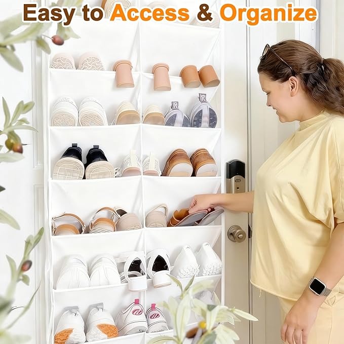 20-30 Pairs Over the Door Shoe Organizer, Clear Pockets Hanging Shoe Storage for Closet, 10-Tier Door Shoes Rack, Handing Shoes Holder Fit All the Family's Sneakers, Boots, Heels, White