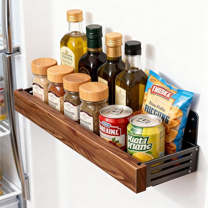 spice rack wood kitchen spice rack wall mounted adjustable adhesive or screw, hung on the door and wall, black large rack for storing items in refrigerators and ovens