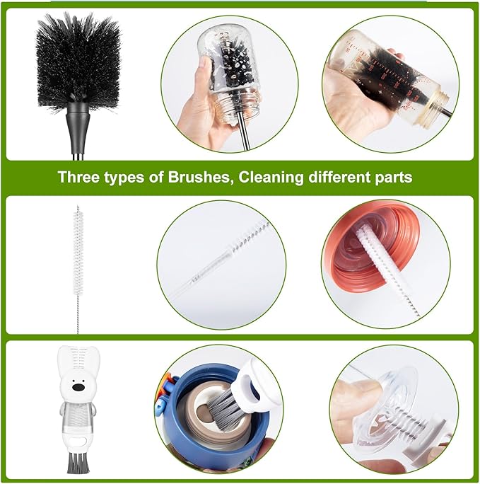 [3 Pack] Bottle Brushes, Stainless Steel Long Handle Water Bottle Scrub Cleaning Brush Set Including Straw & Lid Cleaner for Baby Bottles, Sports Cups, Coffee Mugs, Tumblers