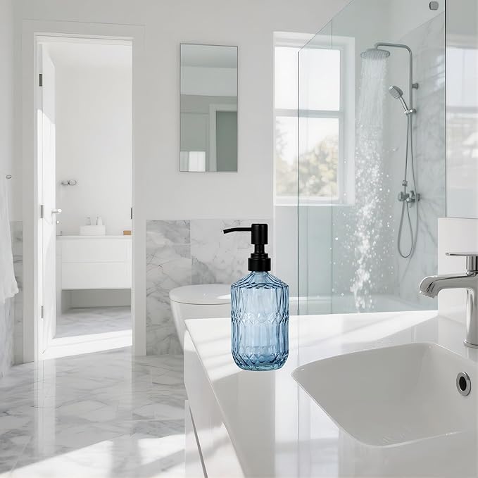 18oz Blue Glass Soap Dispenser, Refillable Kitchen, Bathroom Thick Glass Soap Dispenser with Black Rustproof Pump for Dishwashing Liquid, Hand Soap, Lotion, Body Wash (Blue-Black Pump)