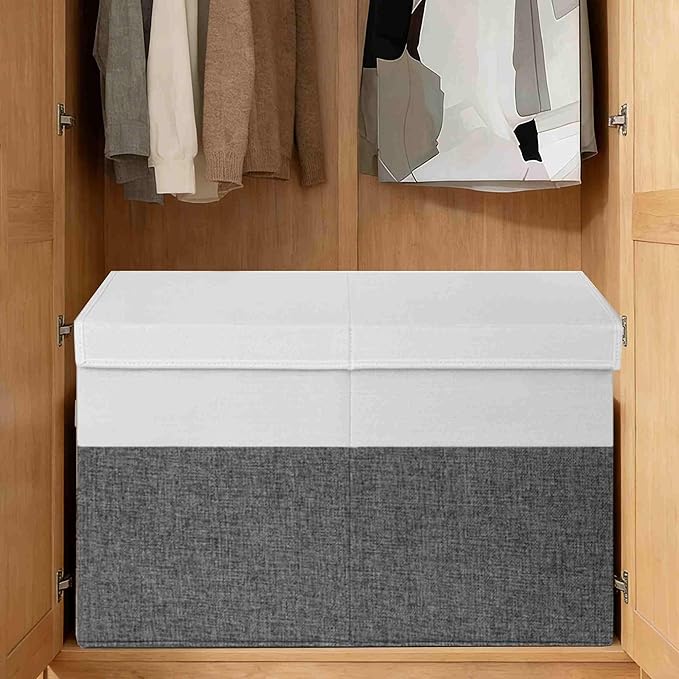 INDRESSME 25"x13"x16" Large Toy Storage Box with Lid, Toy Chest Organizer Toy Basket with Dividers for Playroom, Bedroom, Closet, Toy Bin for Kids Baby Boys Girls (Grey & White)