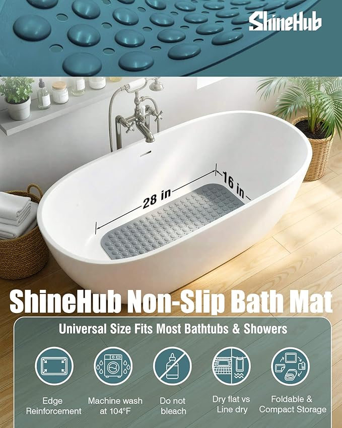 ShineHub Non-Slip Bath Mat for Tub Shower, TPE Machine Washable Bathroom Essentials with Suction Cups, Quick-Dry 28x16 inch (Mist Pine Gray)