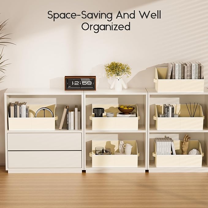 Large Closet Organizers and Storage Bins - 6 Pack Trapezoid Storage Baskets for Shelves, Foldable Fabric Baskets with Handles Ideal for Closet, Basket, Wardrobe and Shelf Storage, Beige