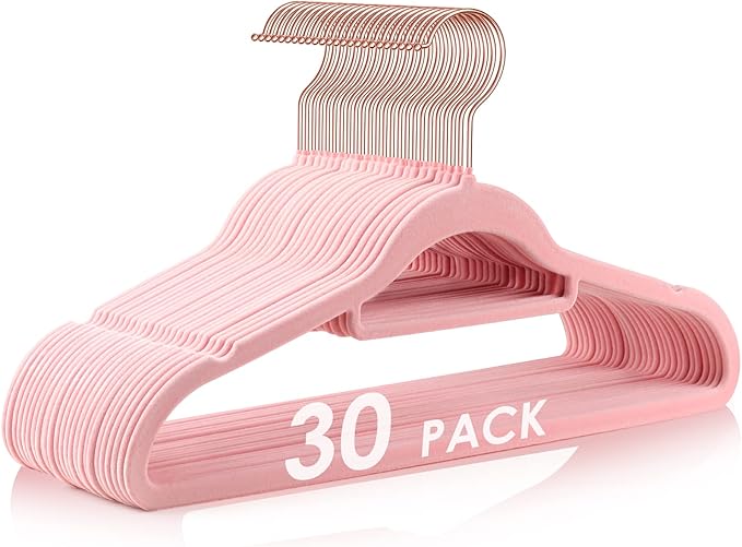 Velvet Hangers Non Slip Felt Hangers, 30 Pack Pink Velvet Clothes Hangers Space Saving Slim with 360 Degree Swivel Hook for Suits Coats, Jackets, Pants, and Dress Clothes