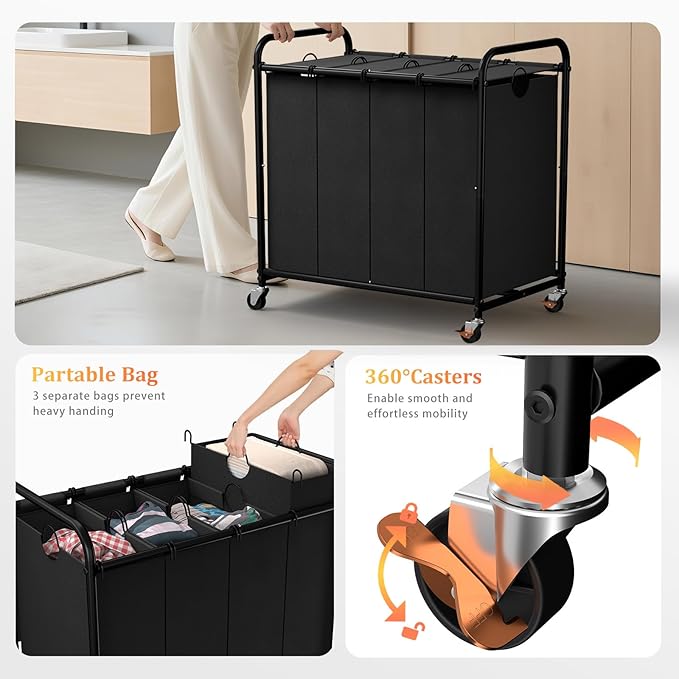 Laundry Sorter 4 Sections 48 Gal, Rolling Laundry Basket with Lockable Wheels and Lid, Laundry Hamper with 4 Separated Removable Bags Dirty Clothes Hamper for Laundry Room Organizer, Black