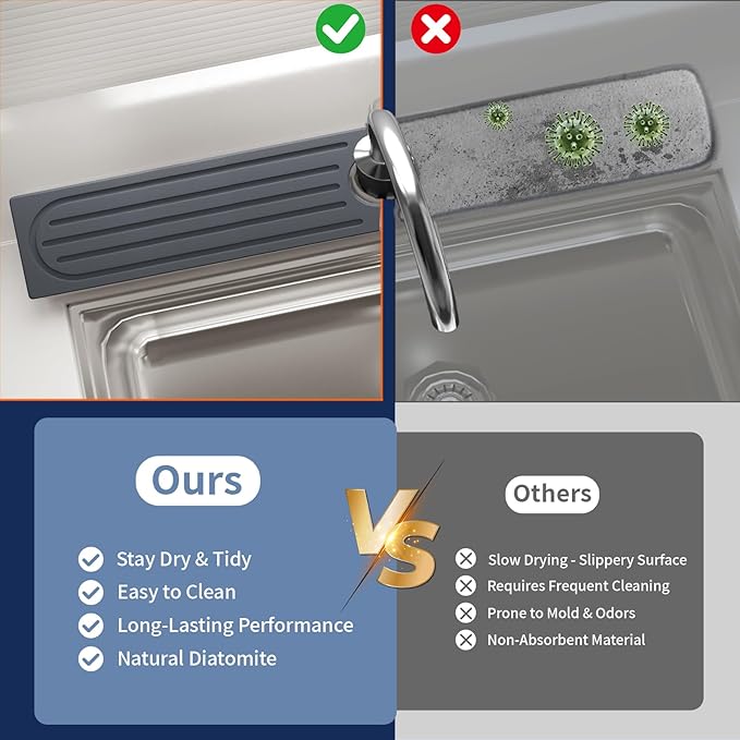 Fast Drying Kitchen Sink Splash Guard, Durable Stone Kitchen Faucet Mat, Water Absorbing Stone Tray for Sink, Diatomite Faucet Mat for Kitchen Sink, Stone Drying Mat for Kitchen and Bathroom Counter