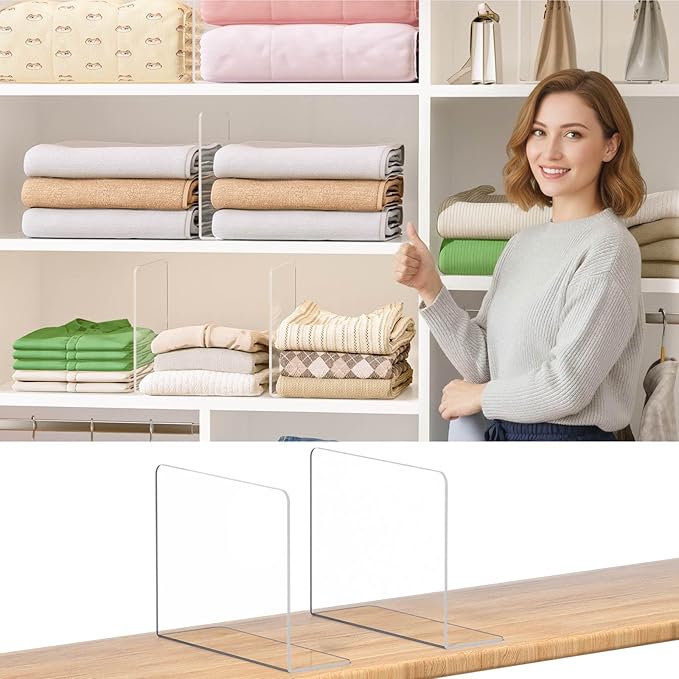 Jogori Shelf Dividers for Closet Organization: 8 Pack 10" Tall X 8.4" Deep Acrylic Clear Vertical Shelves Separators - Adhesive Adjustable Easy to Install Remove - Handbags/Clothes/Towel Storage