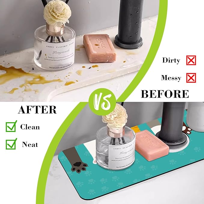 Sink Splash Guard Faucet Mat Cat Paws and Footprints Absorbent Fast Drying Mat Sink Gadgets Splash Guard Behind Faucet Drip Catcher for Kitchen Bathroom 15.5"X5.5"