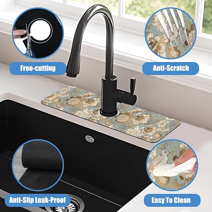Sink Splash Guard Faucet Mat Peonies Bird and Butterflies Absorbent Fast Drying Mat Sink Gadgets Splash Guard Behind Faucet Drip Catcher for Kitchen Bathroom 15.5"X5.5"
