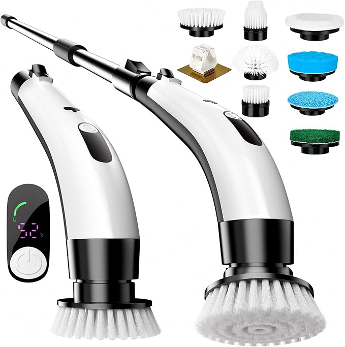 PUNOMO Electric Spin Scrubber, Cordless Waterproof Cleaning Brush with 8 Replaceable Brush Heads - 120Mins Work Time Adjustable Long Handle 2 Speeds 360 Power Scrubber for Bathroom Shower Kitchen Car