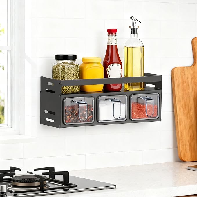 Kitchen Spice Rack, Kitchen Organizer and Storage Rack with 3 Spoons, Spice Organization for Cabinets Punch-free Wall/Countertop Home Decor Multifunctional Double Layer 3 Grid Condiment Rack, Gray