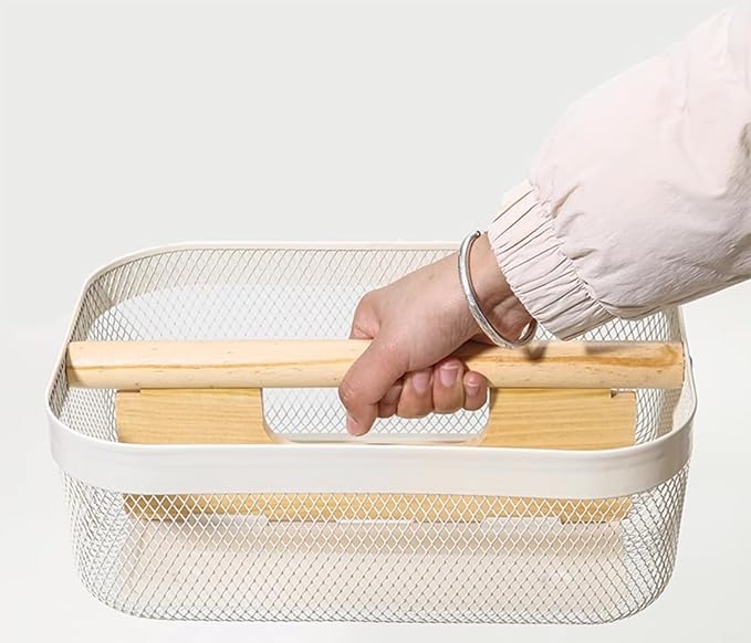 Metal Mesh Steel Storage Basket, Garden Harvest Wire Organizer Basket Multi-functional Kitchen Fruit Basket with Wooden Removable Partition & Handle for Bath Picnic Decor Cabinet, Cream White