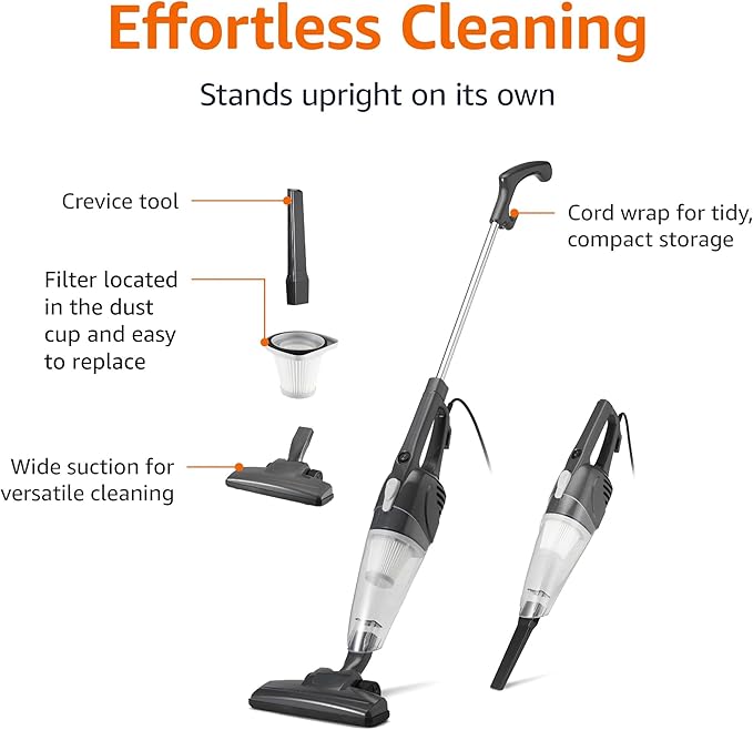 Amazon Basics 2-in-1 Corded Stick Vacuum Cleaner, Convertible to Handheld, Lightweight (3.9 LBS), with Washable Filter, Crevice Tools, 0.5L Dust Cup, 19.7-Ft Cord, 300W, Black
