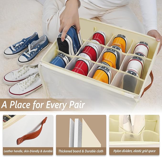 Shoe Storage Box Organizer for Closet - Space Saver Shoes Containers Bin with Clear Lids Stackable, Can Fit Ottoman, Foldable Shoe Rack Cabinet Cubby for Wardrobe (1 Pack)