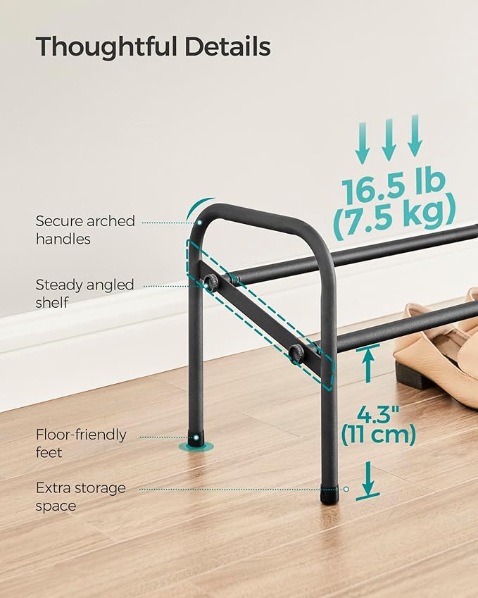 SONGMICS Expandable Shoe Rack, 1 Tier Shoe Rack Shelf, Adjustable Shoe Organizer Storage for 10 Pairs of Shoes, Metal Free Standing Shoe Racks for Closet, Front Door Entryway, Easy Assembly, Ink Black