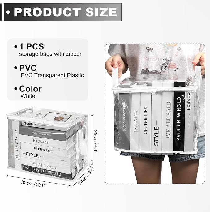 PATIKIL 12.6x9.5x9.8in Clear Storage Bags, Plastic Storage Bags Clear Small Zippered Organizers Foldable Closet Bed Sheet Organizer Cube with Zipper Handles for Book Clothes Yarn,M, White