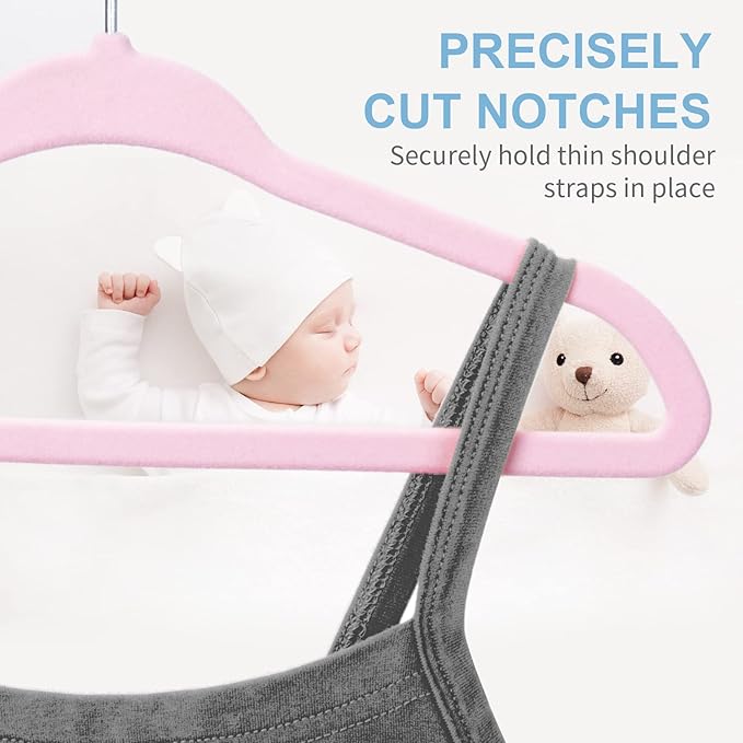 Pink Velvet Kids Hangers 50 Pack - 11" Ultra Thin Non-Slip Clothes Hangers for Baby/Toddler/Daycare | 360° Rotating Hooks, Space-Saving Nursery Organization