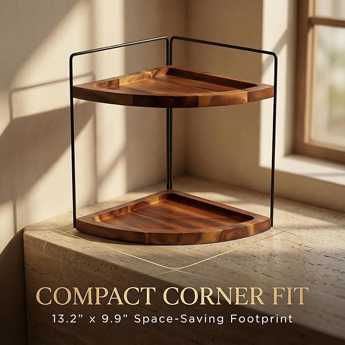 Demigo Bathroom Corner Counter Organizer 13.2x9.9 inch, 2 Tier Acacia Wood Organizer Countertop, Corner Storage Shelf Standing Rack, Cosmetic Vanity Tray Kitchen Spice Rack, Bathroom Storage Décor