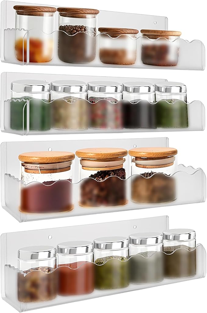 10 inch Spice Rack Wall Mounted,4 Pack Spice Organizer Shelf for Stove Cabinet Pantry Door, Adhesive or Screw Hanging Wall Spice Shelf Storage Holder in Kitchen and RV - Frost Color