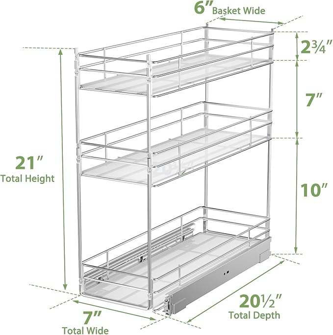 Pull Out Spice Rack Cabinet Organizer (7" W X 20½" D),3 Tier Slide Out Drawer for Narrow Cabinet, Pull Out Shelves Under Cabinet Storage for Kitchen