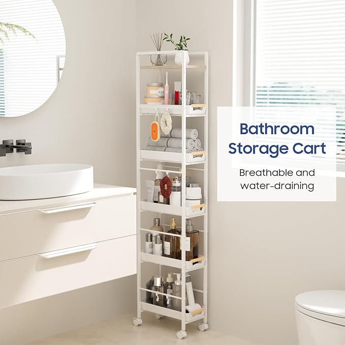 6 Tier Slim Storage Cart with Pull-Out Baskets Rolling Cart with Wheels Wood Top Narrow Utility Cart Metal Shelving Units for Pantry Laundry Room Bathroom Kitchen White 8in(W)