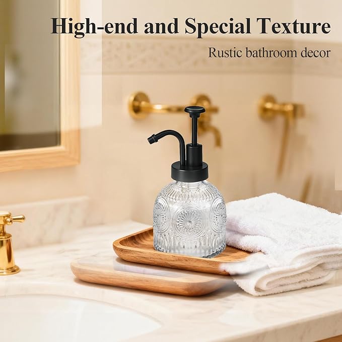 SheeChung Vintage Soap Dispenser, Kitchen Dish Soap Dispensers with Pump Mat, Glass Hand Soap Dispenser for Bathroom, Liquid, Lotion, Refillable, Rustic Farmhouse Decor-Clear (Black Pump, 2 pk)