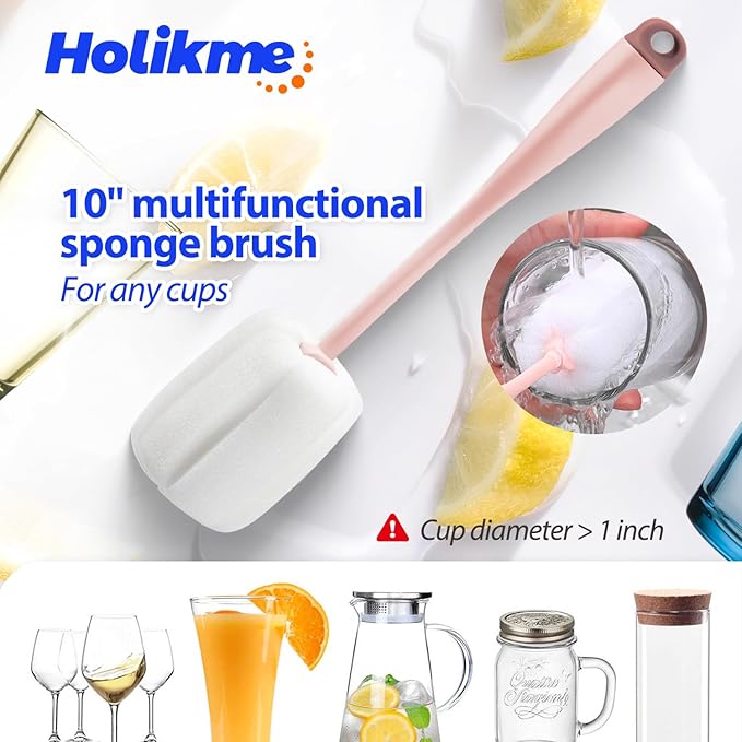 Holikme Bottle Brush Tube Cleaning Lab Set with Long Handle, Cup Cleaner for Washing Narrow Neck Beer Wine Decanter Pipes Lids Sinks Cap Covers, Pink
