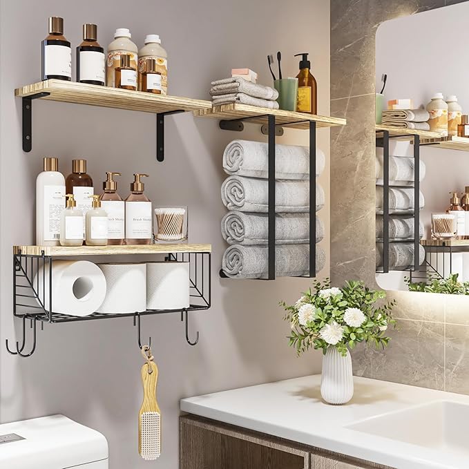 Fixwal Bathroom Floating Shelves Over Toilet Wall Shelves Set with Towel Storage Rack for Bathroom Organization & Wall Decor(Rustic Brown)
