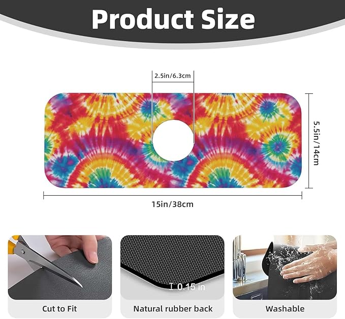 Abstract Colorful Tie Dye Kitchen Sink Splash Guard Faucet Mat Super Absorbent Fast Drying Mat Sink Gadgets-Fast Drying Pad Sink Mat For Kitchen Bathroom (15" X 5.5" )