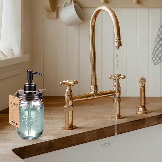 SheeChung 16 Oz Mason Jar Liquid Soap Dispenser, Glass Hand Soap Dispenser, Stainless Steel Pump Lid, Refillable Lotion Dispensers for Bathroom Countertop Kitchen (2, Oil Rubbed Bronze)