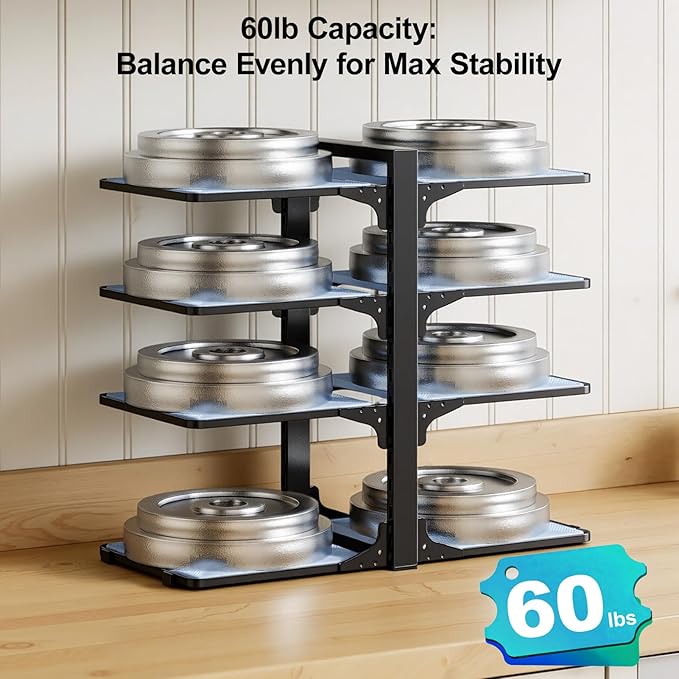 LAMU Pots and Pans Organizer under Cabinet, 8-Tier Heavy Duty Pan Organizers inside Cabinet, Adjustable Pot Rack for Small Kitchen Storage, 15" Height Holds Cast Iron Pans and Skillets Black