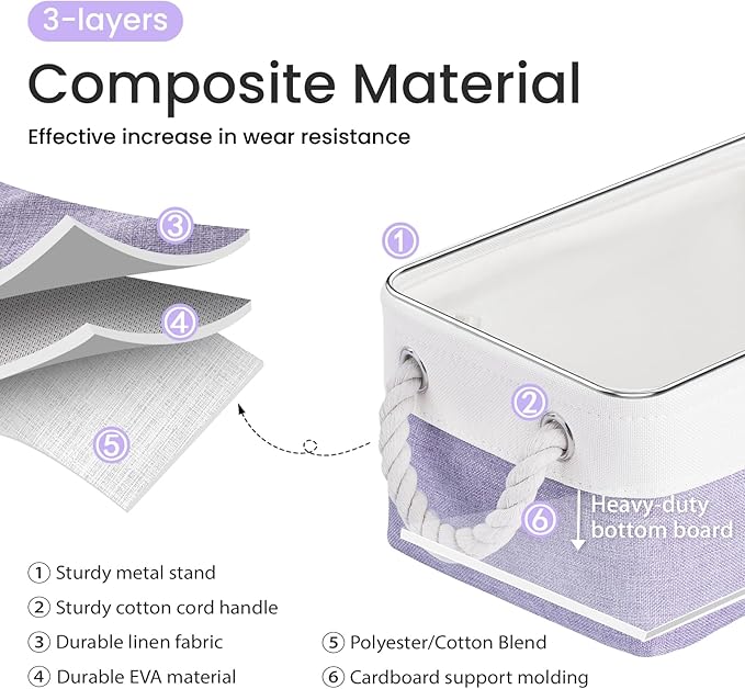 Storage Baskets for Shelves 11.8x7.9x5.2 Inch, Foldable Fabric Storage Bins with Handles, Small Storage Baskets for Organizing Closet, Office, Home Organization (6-Pack, White&Purple)