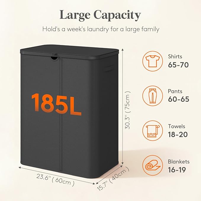 Lifewit 185L Large 3 Section Laundry Hamper with Lid, Plastic Laundry Basket with Bamboo Handles and Removable Bags, Tall Foldable Clothes Hamper for Bathroom Bedroom, Black
