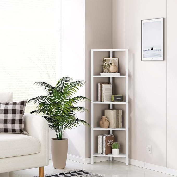 TUTOTAK Corner Shelf with LED Light, 5-Tier Corner Bookshelf for Small Space, Narrow Display Corner Shelf Stand with Storage Rack, for Living Room, Bedroom, White BS05BW005L