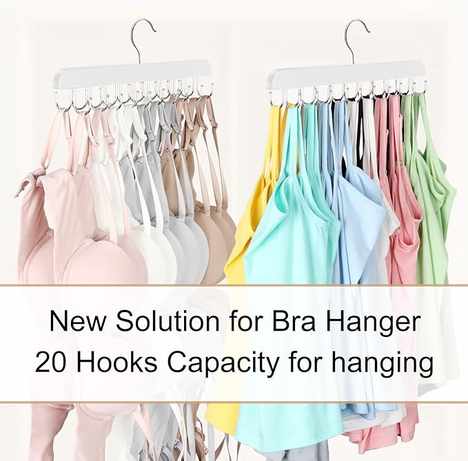 Bra Hanger for Closet, Tank Top Hanger 20 Hooks Capacity Foldable Wood Space Saving Hangers Closet Organizers and Storage for Dorm & Apartment for Tank Top, Bra, Scarf etc.