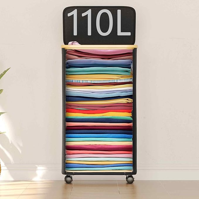 SUOCO Laundry Hamper on Wheels 100L, Clothes Basket with Lid and Bamboo Handles, Foldable Laundry Hamper for Bedroom, Bathroom, Dorm, Laundry Room - Black